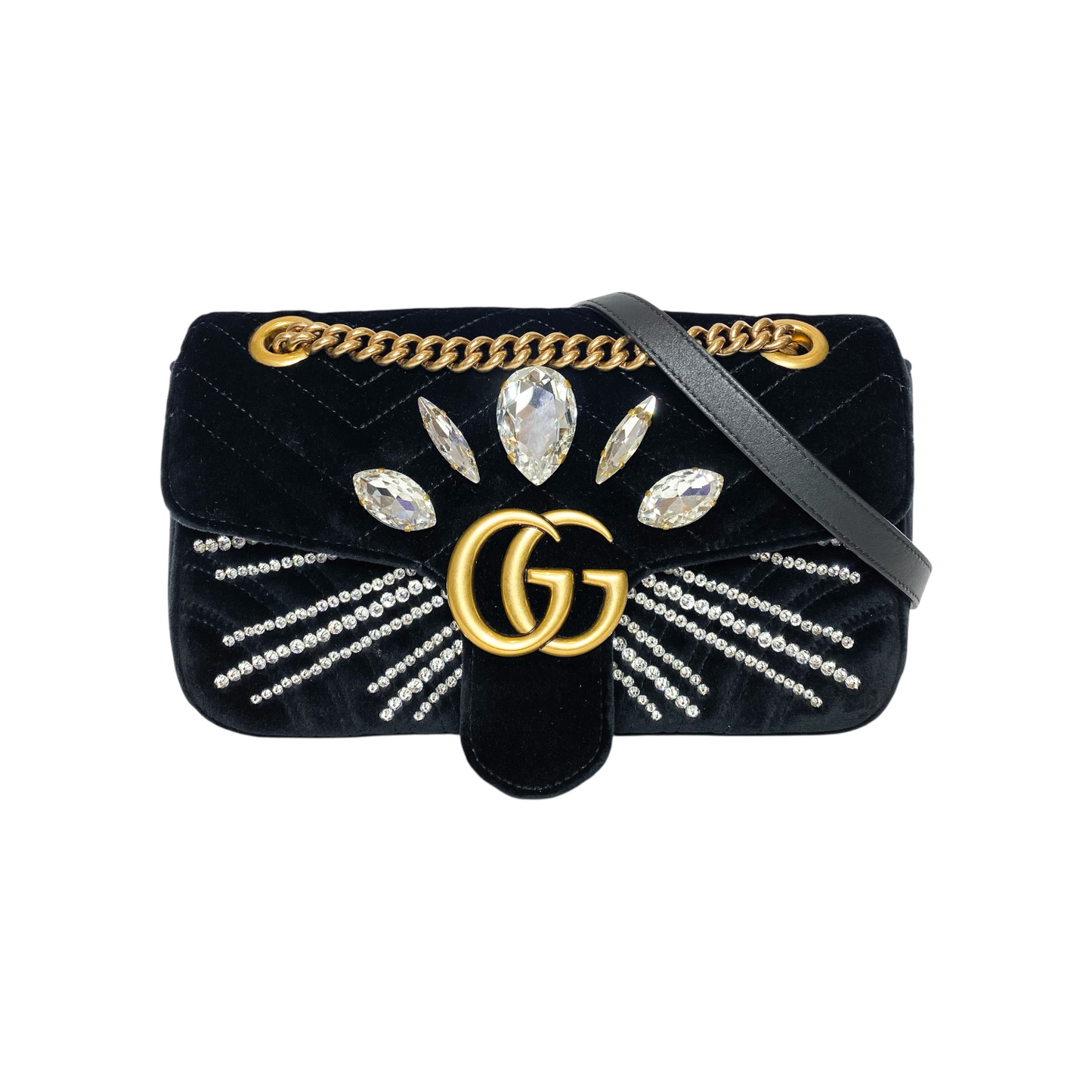 Gucci Black Velvet Marquise Crystal GG Marmont Shoulder Bag