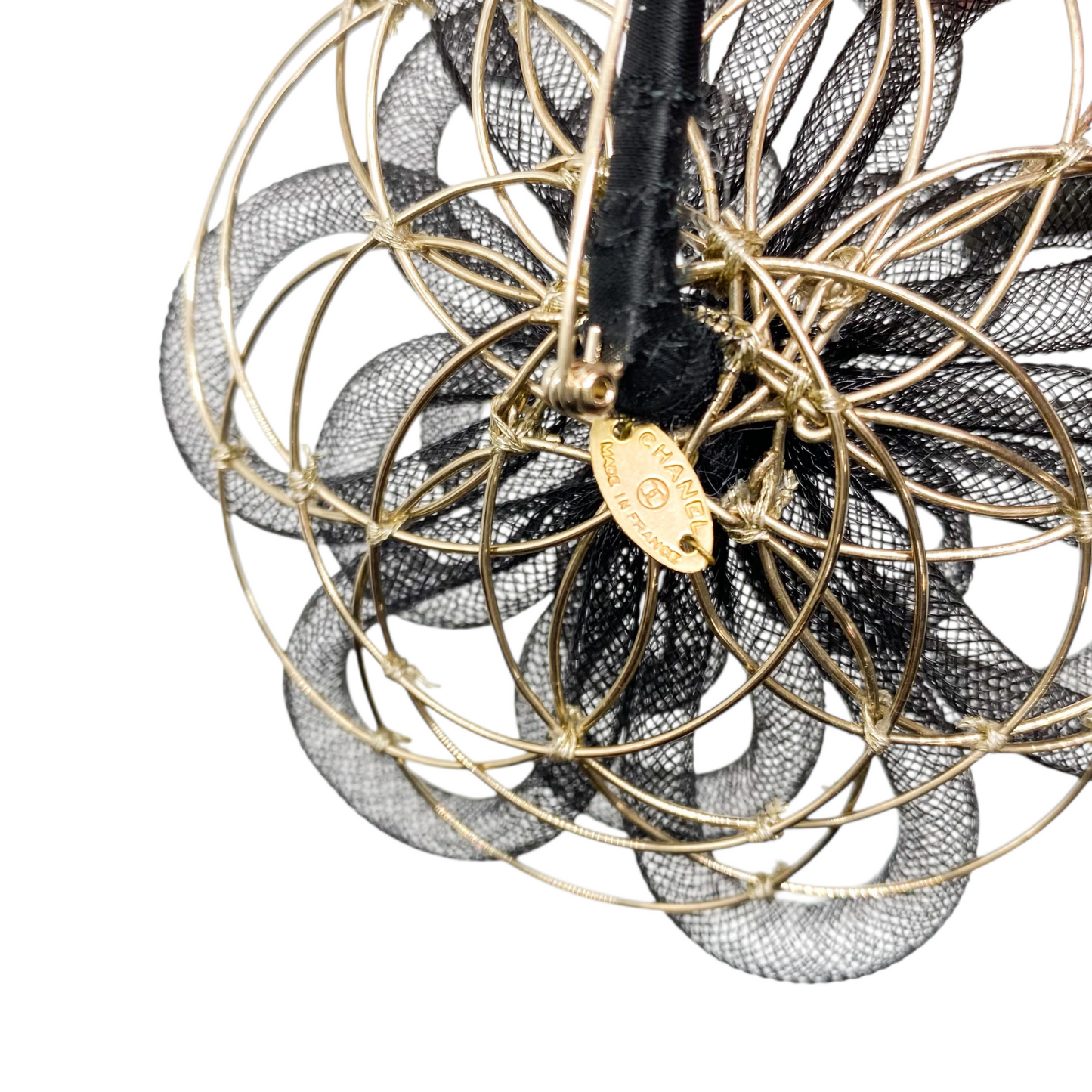 Chanel Black Tulle Gold Wire Flower Brooch