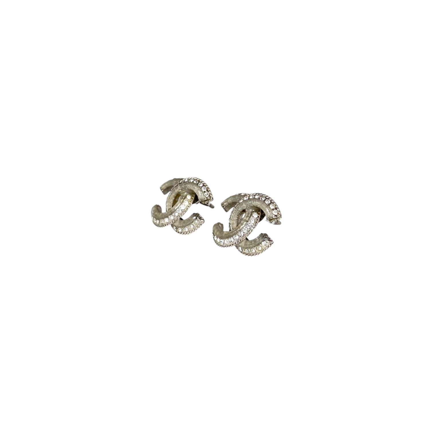 Chanel Silver CC Crystal Stud Earrings