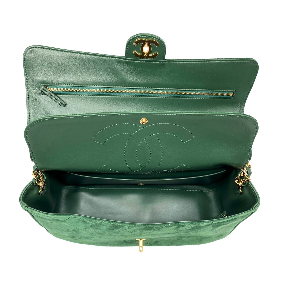 Chanel Green Souplissimo 32 Suede Gold Hardware