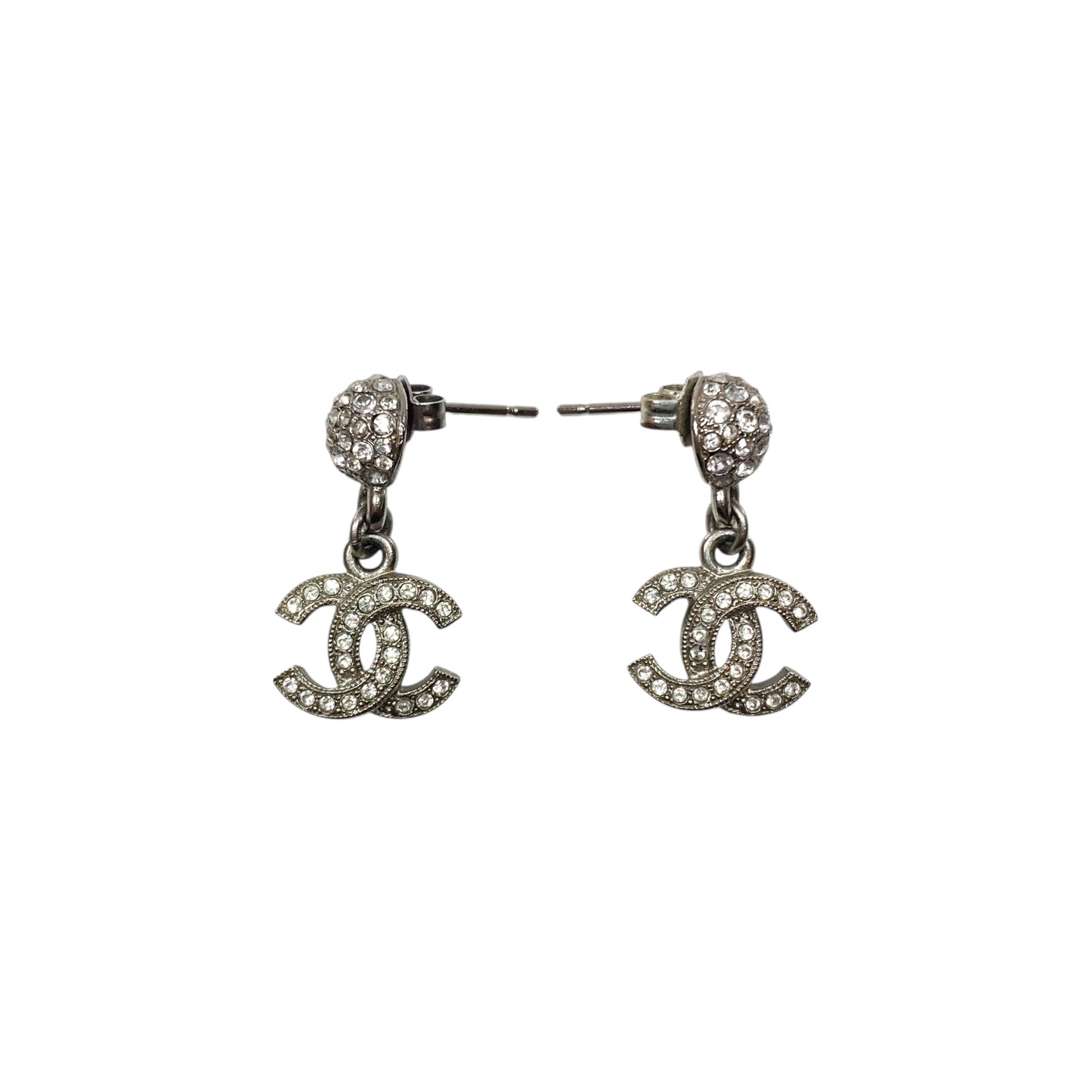 Chanel Silver Crystal CC Drop Earrings