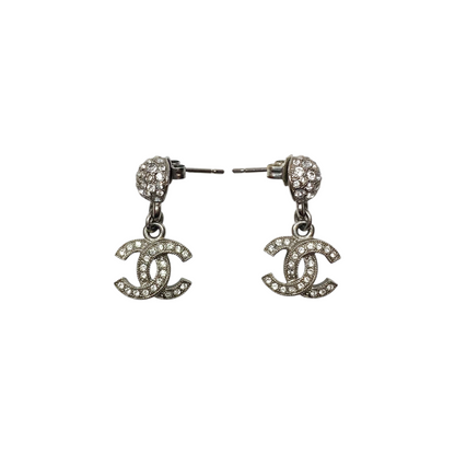 Chanel Silver Crystal CC Drop Earrings