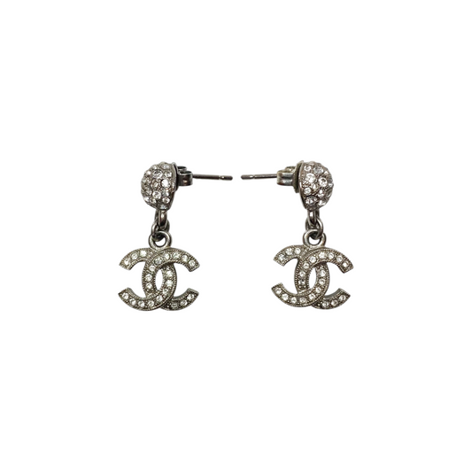 Chanel Silver Crystal CC Drop Earrings
