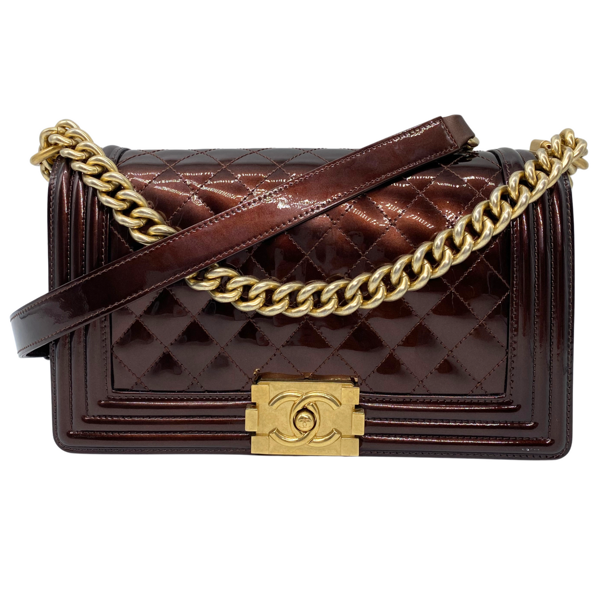 Chanel Dark Brown Patent Leather Old Medium Boy Bag