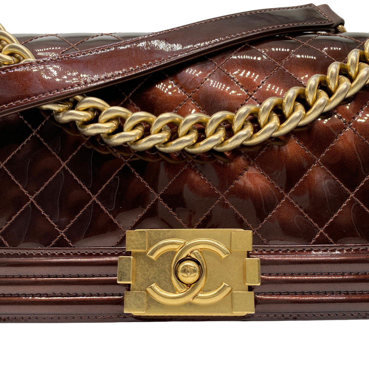 Chanel Dark Brown Patent Leather Old Medium Boy Bag
