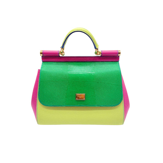 Dolce and Gabbana Miss Sicily Lizard and Calfskin Multicolor Handbag