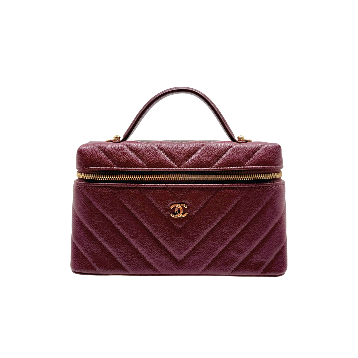 Chanel Chevron Quilted Top Handle Slim Vanity Case with Chain Burgundy