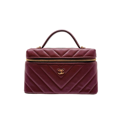 Chanel Chevron Quilted Top Handle Slim Vanity Case with Chain Burgundy