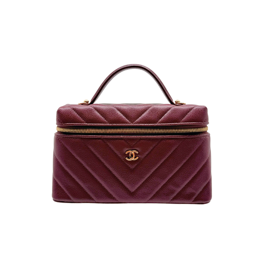 Chanel Chevron Quilted Top Handle Slim Vanity Case with Chain Burgundy