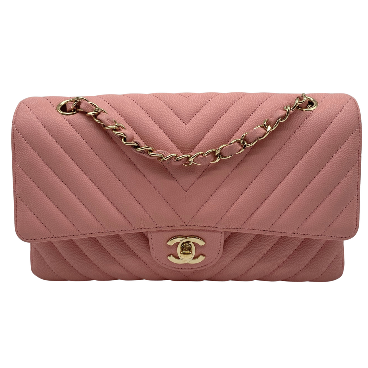 Chanel Chevron Quilted Caviar Medium Double Flap Bag Light Sakura Pink