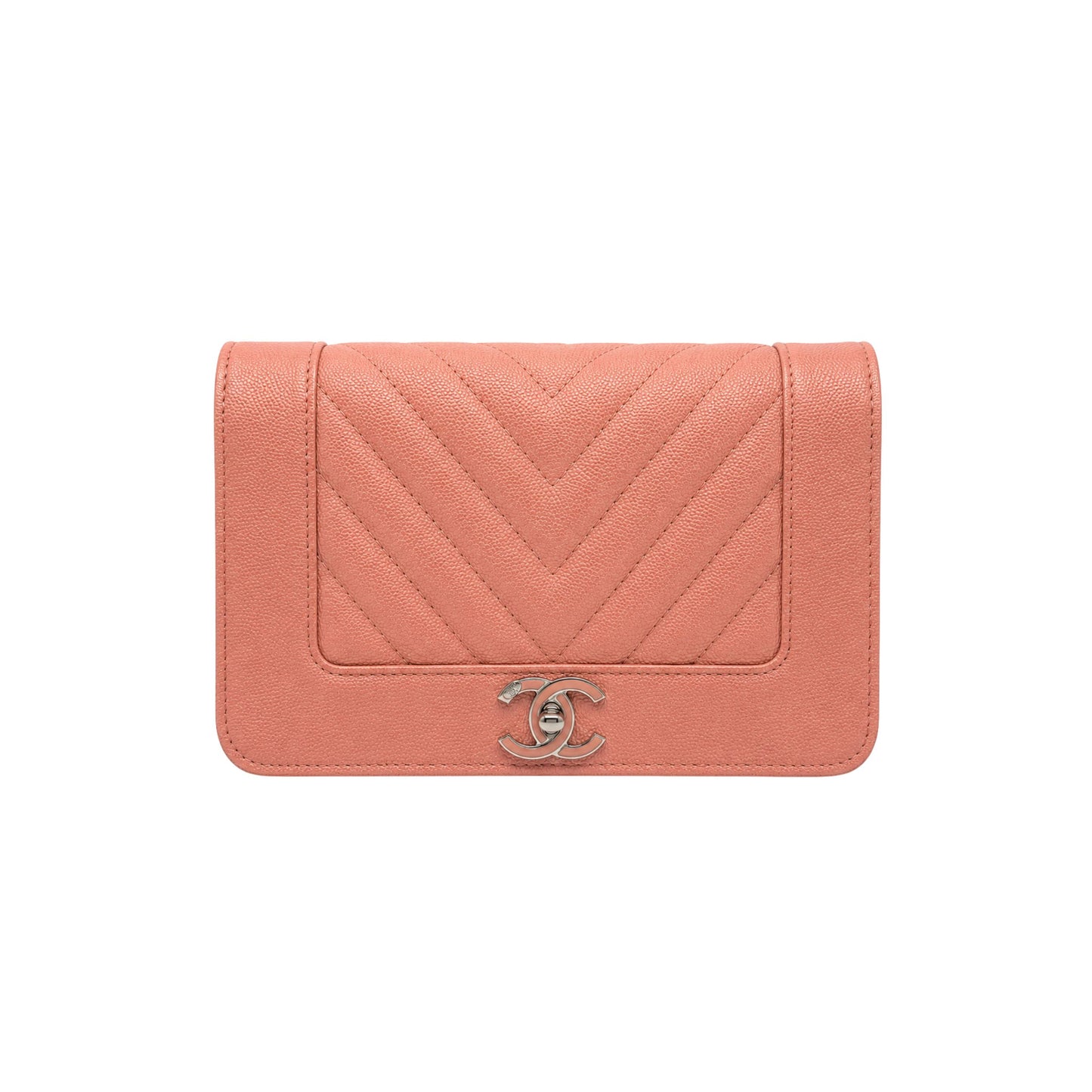 Chanel Metallic Blush Pink Caviar Chevron Wallet on Chain