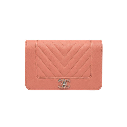 Chanel Metallic Blush Pink Caviar Chevron Wallet on Chain