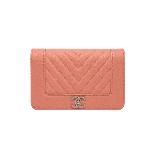 Chanel Metallic Blush Pink Caviar Chevron Wallet on Chain