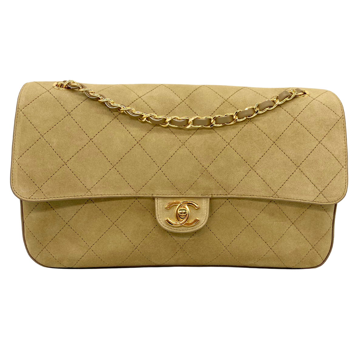 Chanel Khaki Souplissimo 32 Suede Gold Hardware