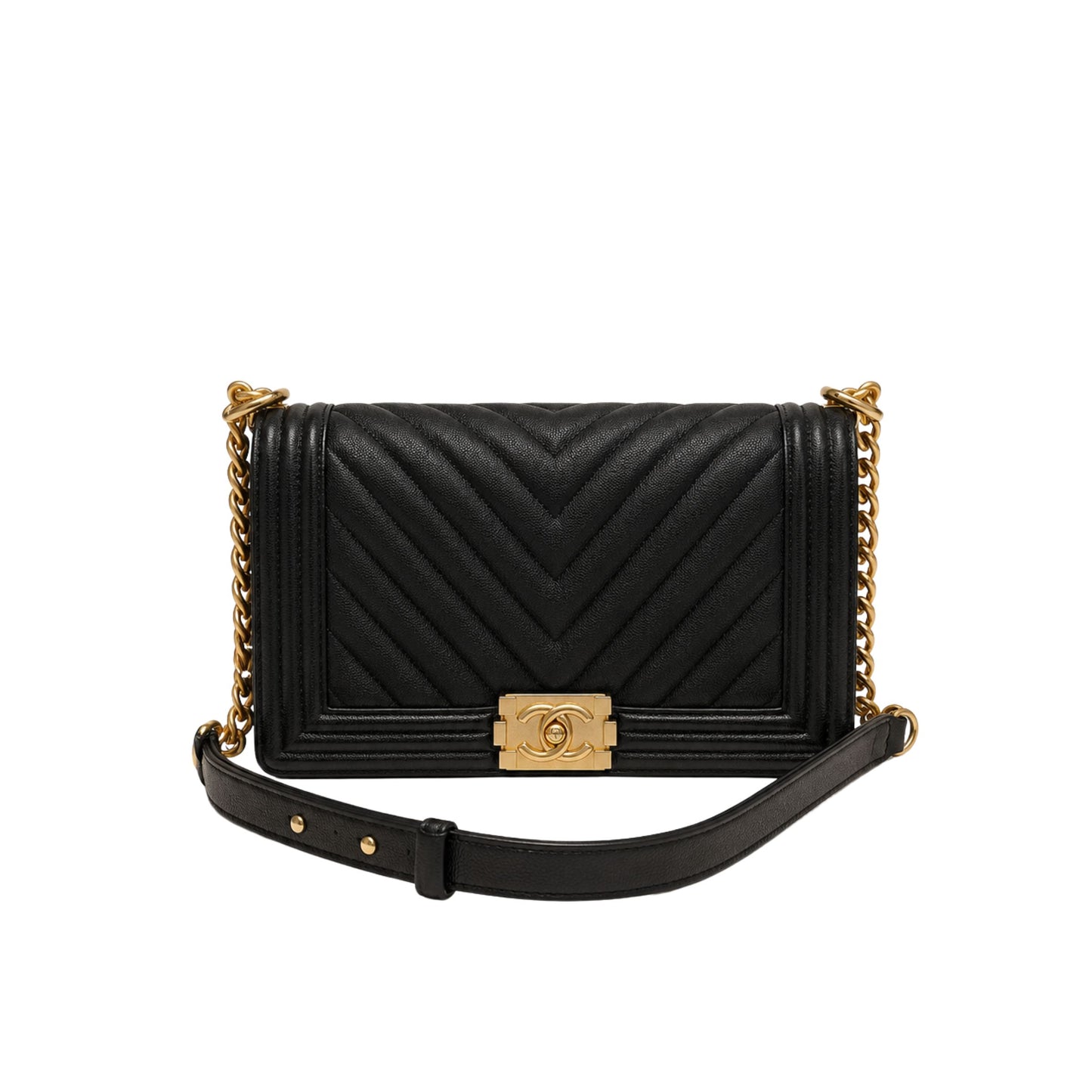 Chanel Black Chevron Glazed Caviar Boy Bag