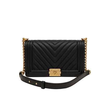 Chanel Black Chevron Glazed Caviar Boy Bag