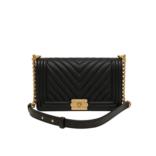 Chanel Black Chevron Glazed Caviar Boy Bag