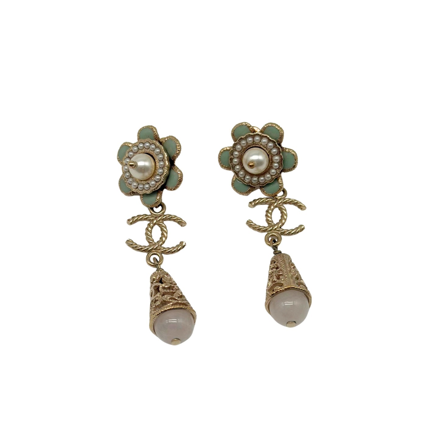 Chanel Grey Chandelier Earrings with Floral Pearls and Light Gold