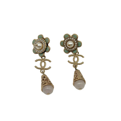 Chanel Grey Chandelier Earrings with Floral Pearls and Light Gold