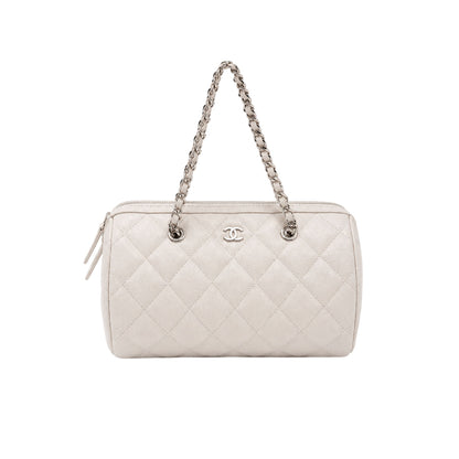Chanel White Caviar Barrel Bag with Silver Hardware