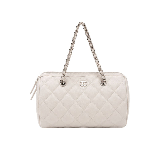 Chanel White Caviar Barrel Bag with Silver Hardware