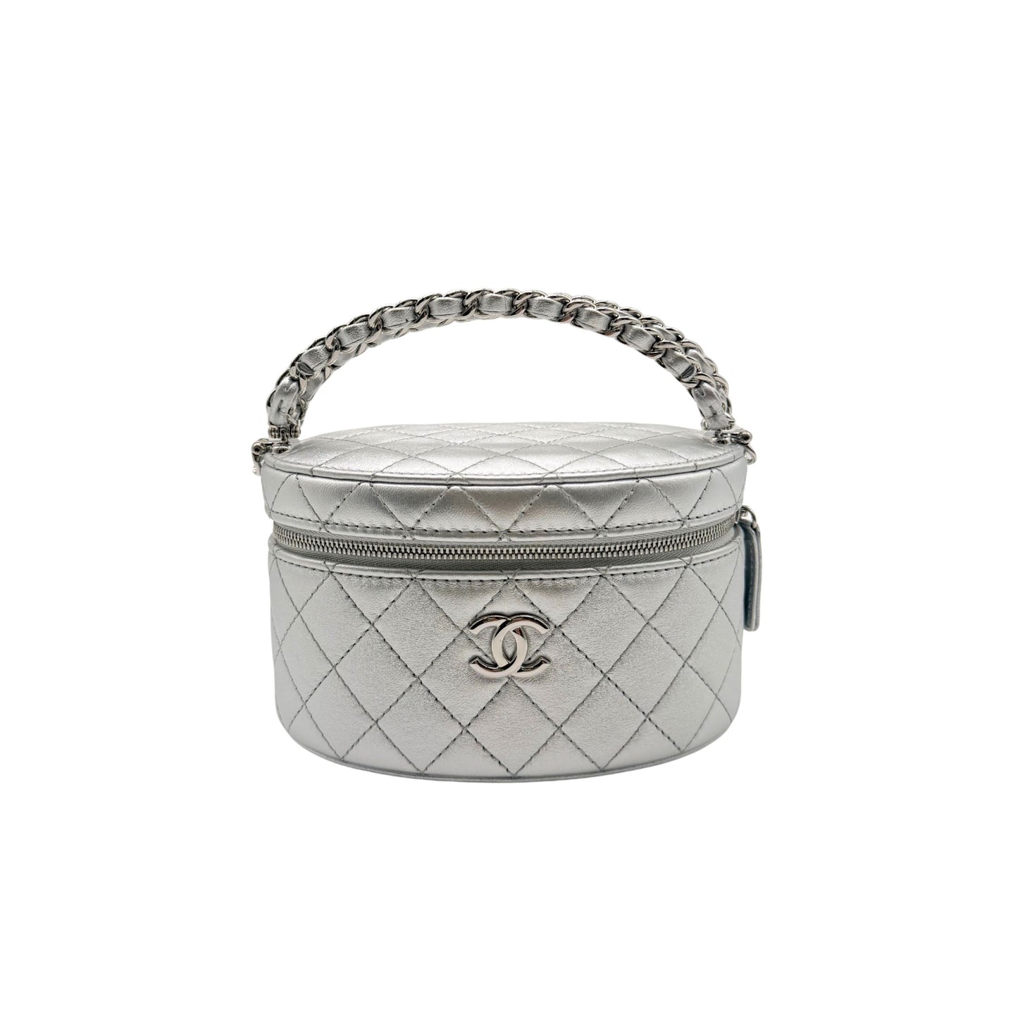 Chanel Round Vanity in Silver with Chain
