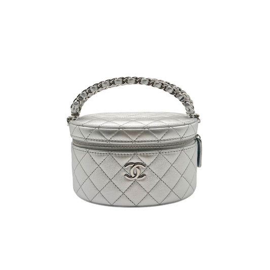 Chanel Round Vanity in Silver with Chain