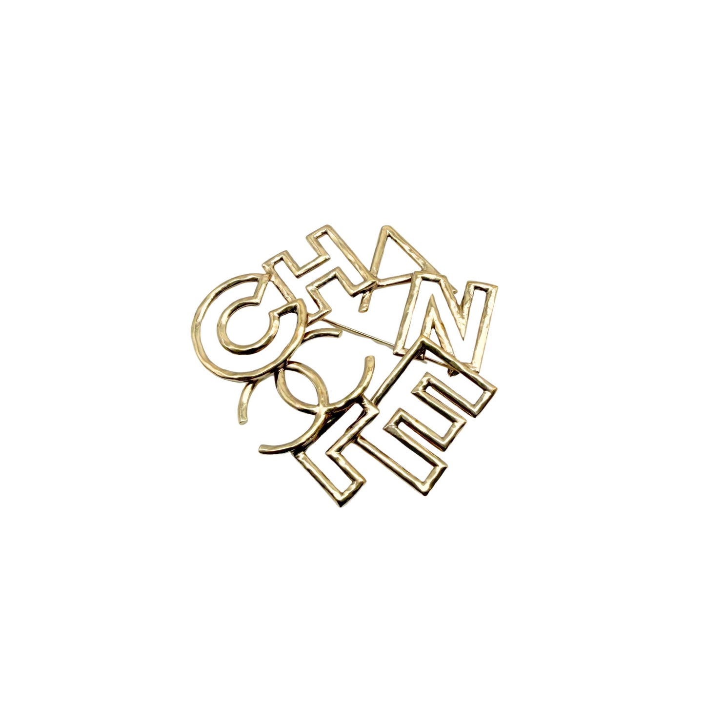 Chanel Hammered Logo Letter Brooch in Light Gold
