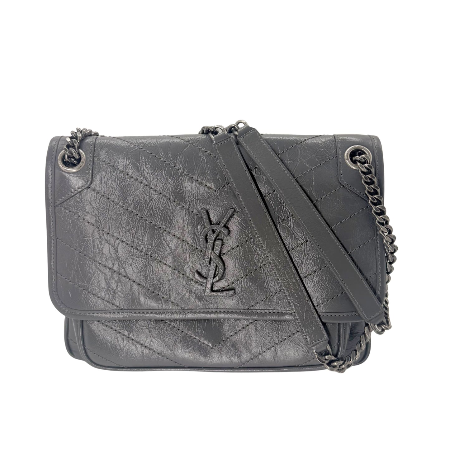 Saint Laurent Grey Fog Nikki Medium Crinkled Calfskin Shoulder Bag