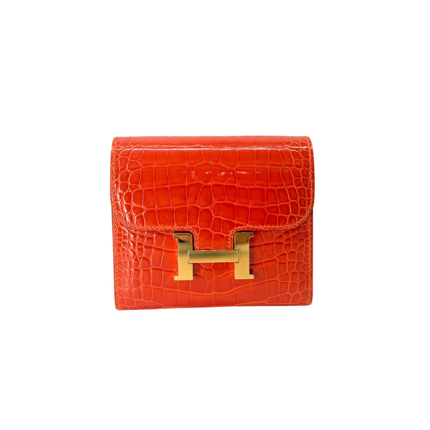 Hermes Constance Orange Poppy Alligator Compact Wallet