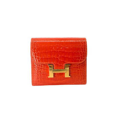 Hermes Constance Orange Poppy Alligator Compact Wallet