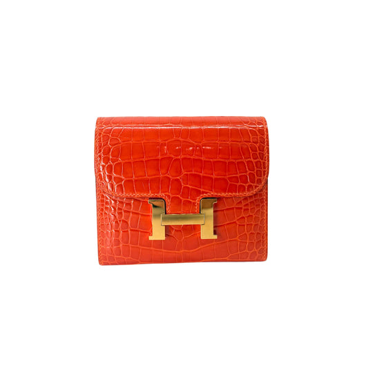 Hermes Constance Orange Poppy Alligator Compact Wallet