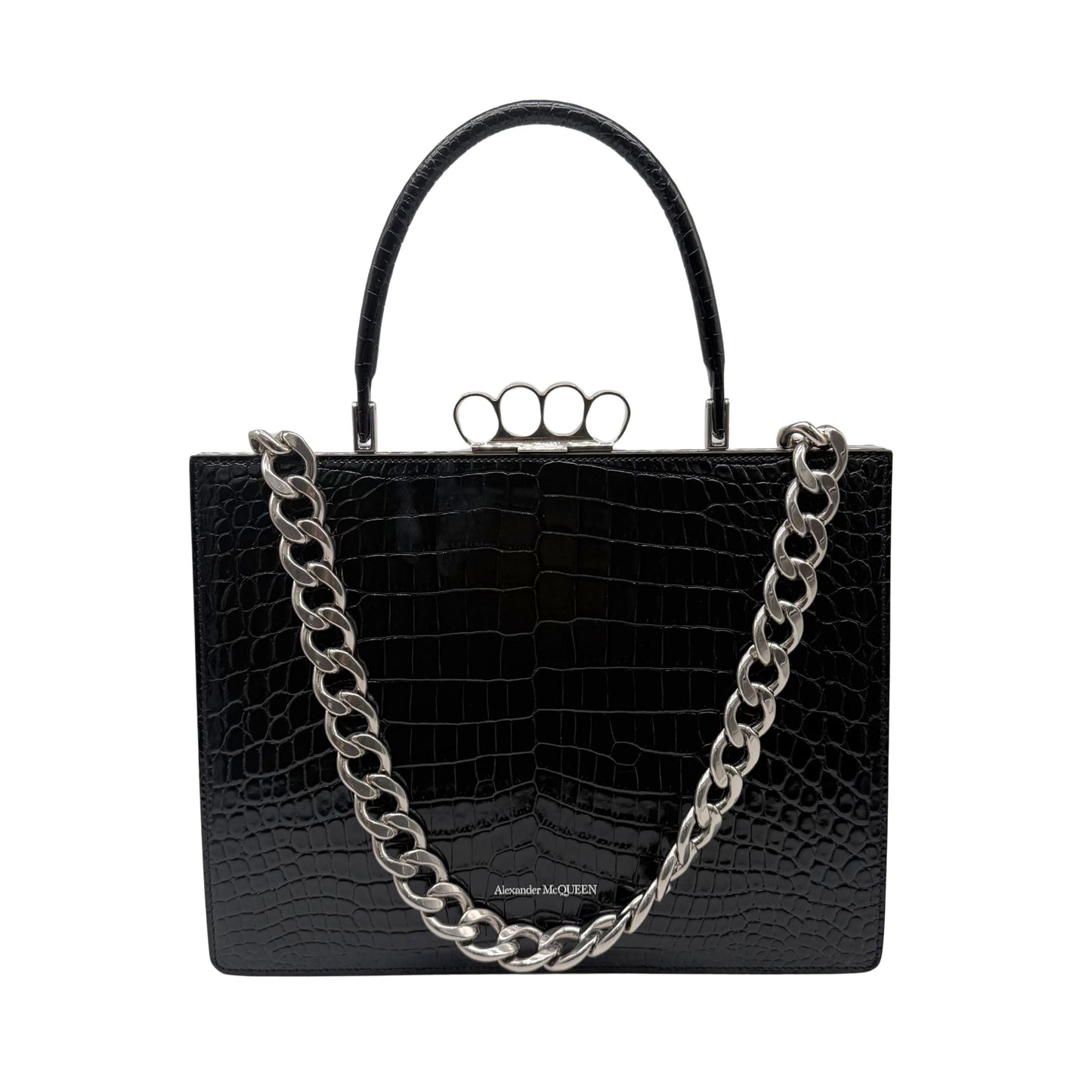 A Mcqueen Crocodile Embossed Frame Bag in Black