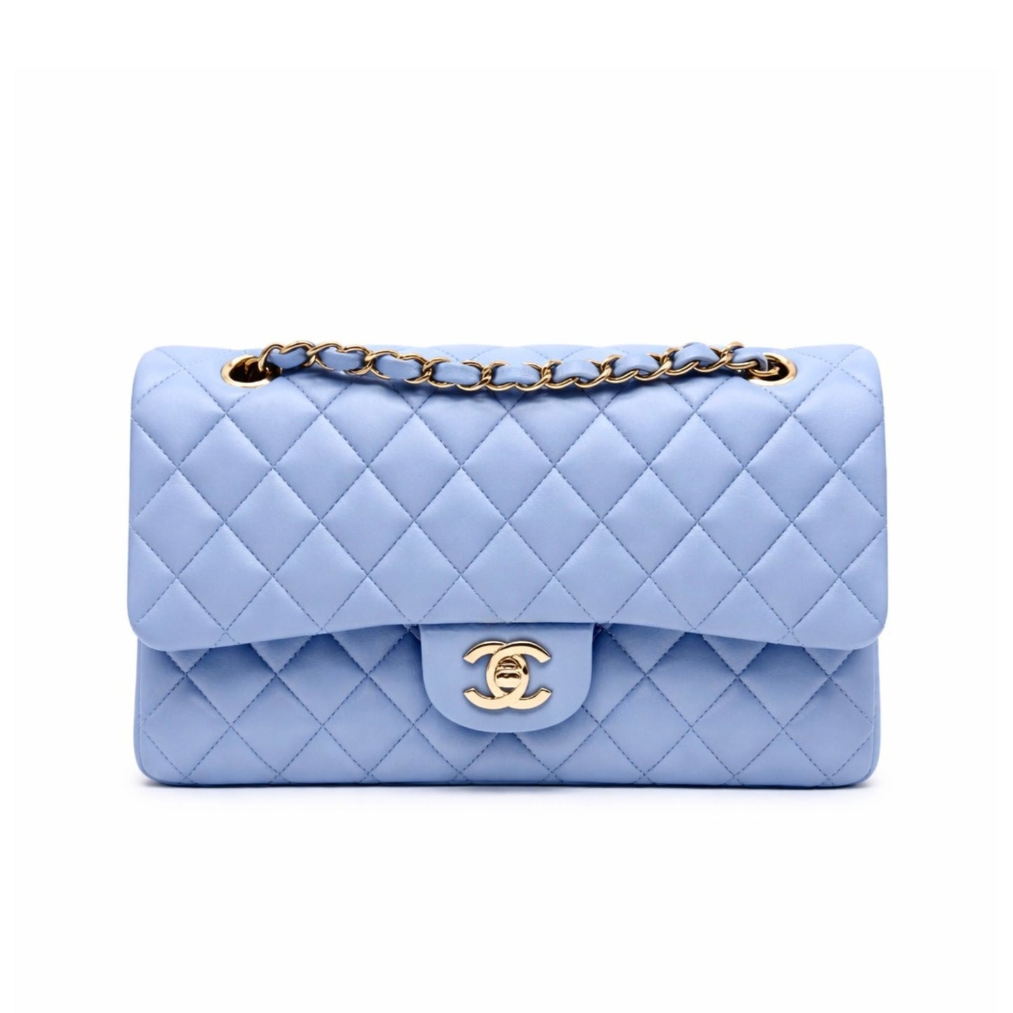 Chanel Blue Medium Double Flap Lambskin in Light Gold-tone Hardware