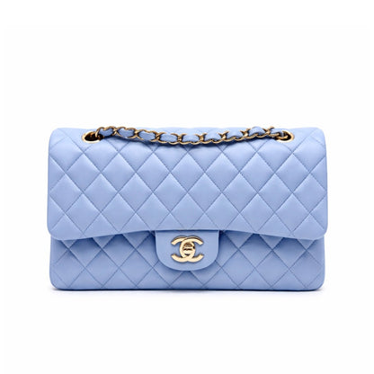 Chanel Blue Medium Double Flap Lambskin in Light Gold-tone Hardware