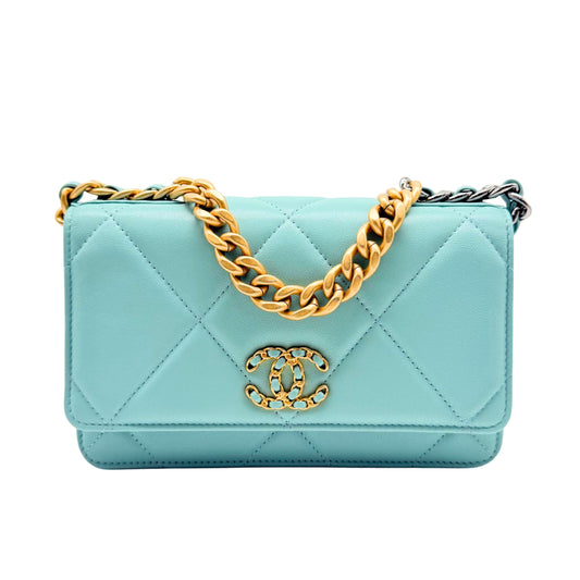 Chanel 19 Turquoise Quilted Lamb Wallet on Chain