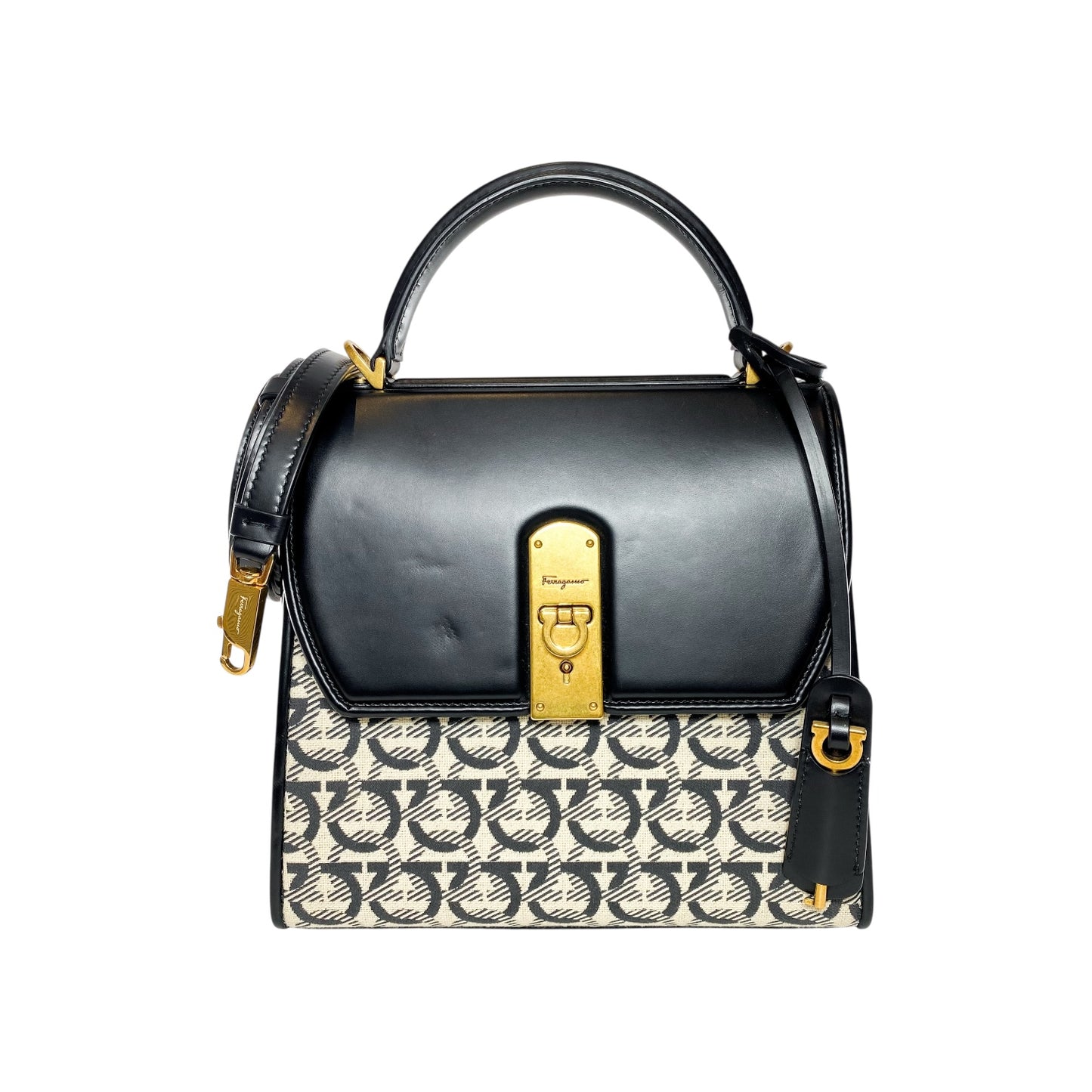 Salvatore Ferragamo Black Beige Canvas Gancini Small Boxyz