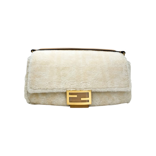 Fendi Ivory Beige Zucca Shearling Baguette