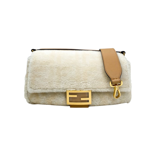 Fendi Ivory Beige Zucca Shearling Baguette