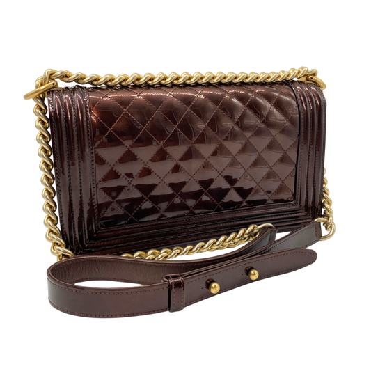 Chanel Dark Brown Patent Leather Old Medium Boy Bag