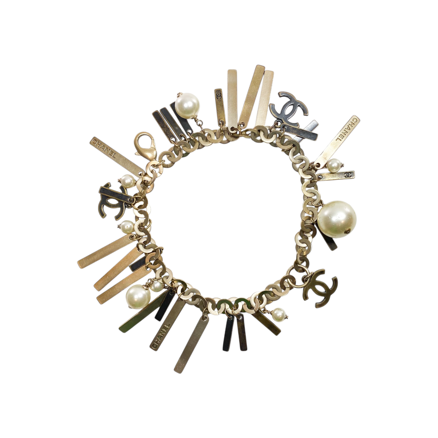 Chanel Vintage Aged Gold Pearl Charm Bracelet