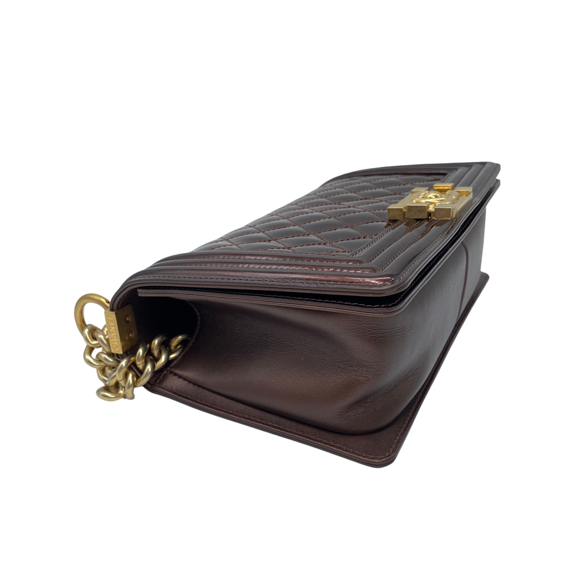 Chanel Dark Brown Patent Leather Old Medium Boy Bag