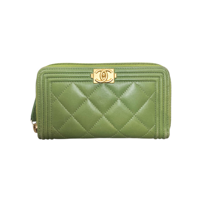 Chanel Green Boy Zip Around Compact Wallet