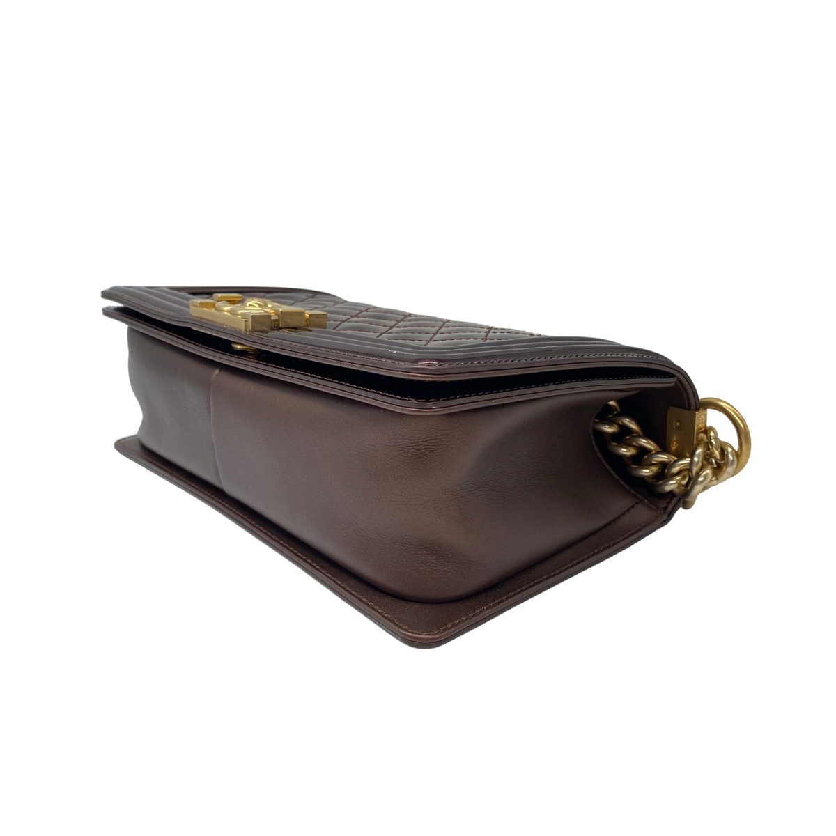 Chanel Dark Brown Patent Leather Old Medium Boy Bag