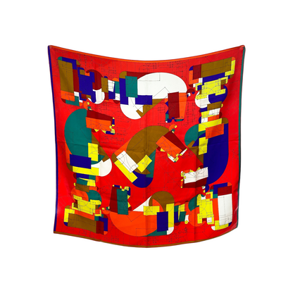 Hermes Red Multicolor Echec au Roi Scarf 90cm