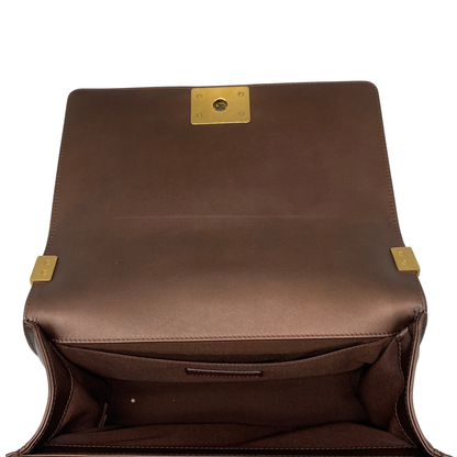 Chanel Dark Brown Patent Leather Old Medium Boy Bag