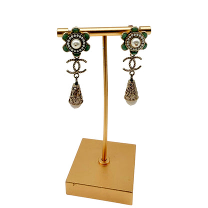 Chanel Grey Chandelier Earrings with Floral Pearls and Light Gold