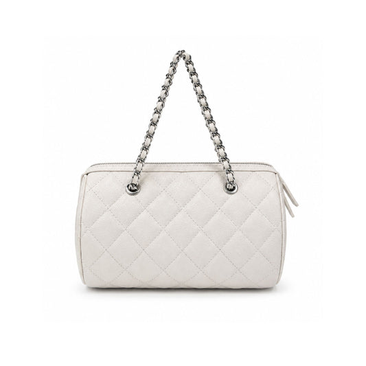 Chanel White Caviar Barrel Bag with Silver Hardware