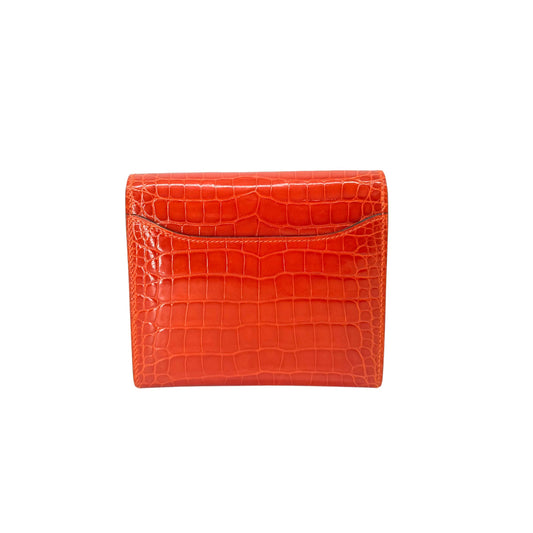 Hermes Constance Orange Poppy Alligator Compact Wallet