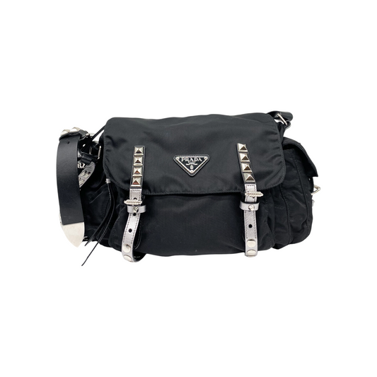 Prada Black New Vela Elektra Studded Messenger Bag